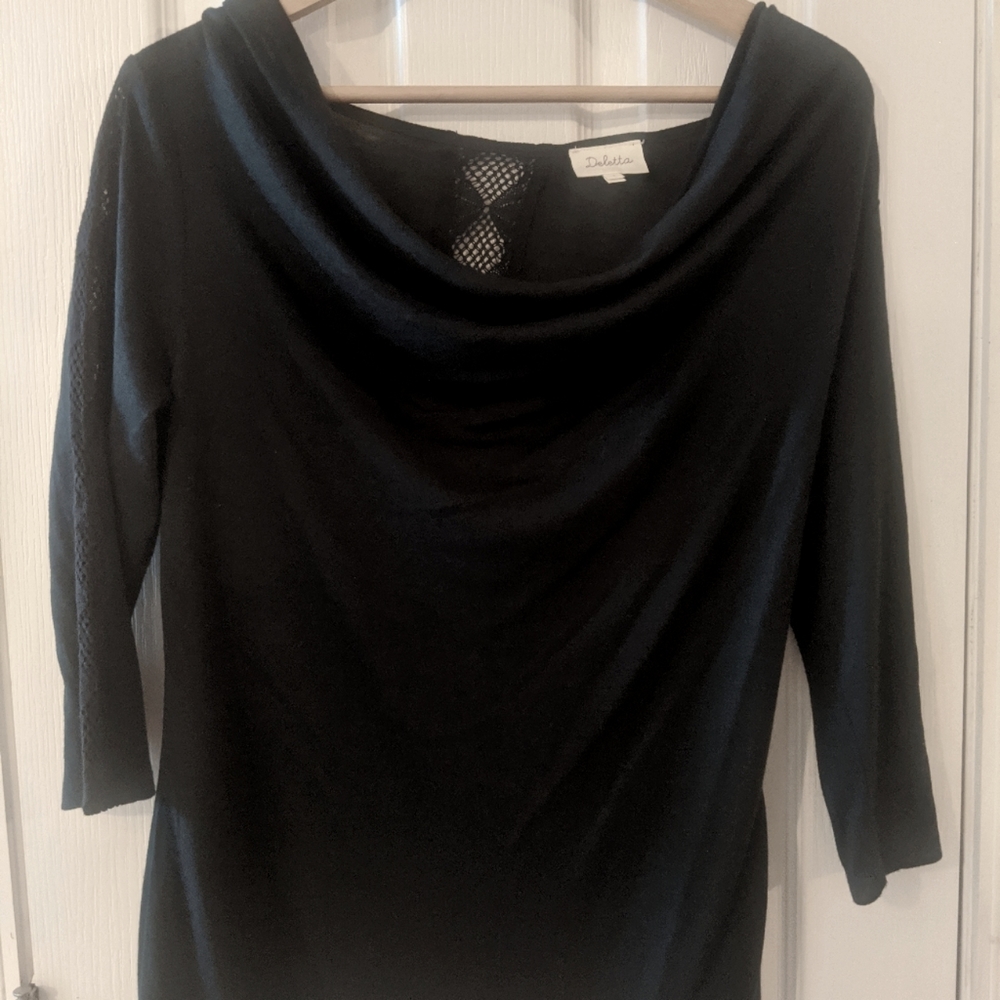 Anthropologie Deletta black scoop neck blouse with lace cutouts